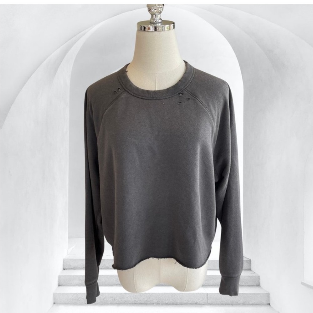 Aerie Oversized Crewneck Distressed Comfy Sweatshirt in Dark Grey